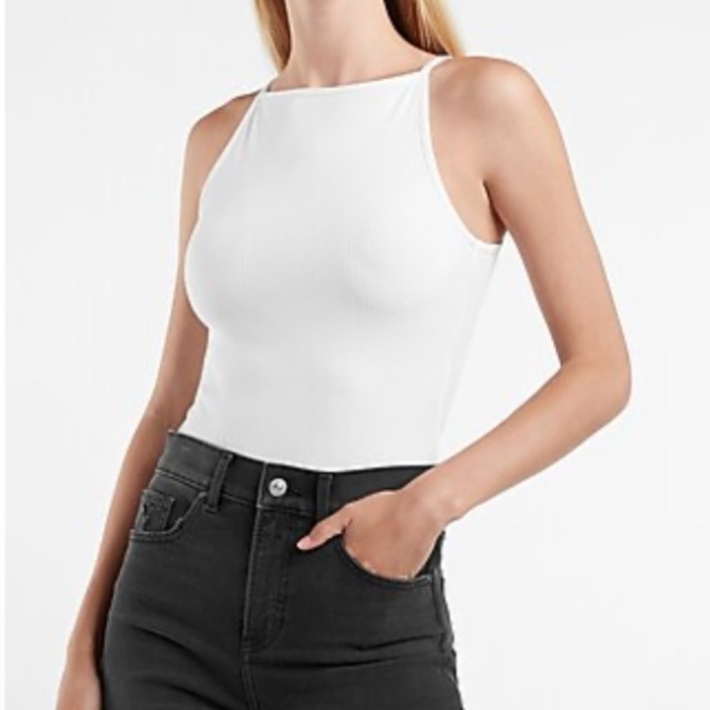 Express Women’s Square Neck Spaghetti Strap White Ribbed Bodysuit Size Large
